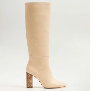 MANGO Women's Off White Cream Leather Knee High Boots animal print heel …
